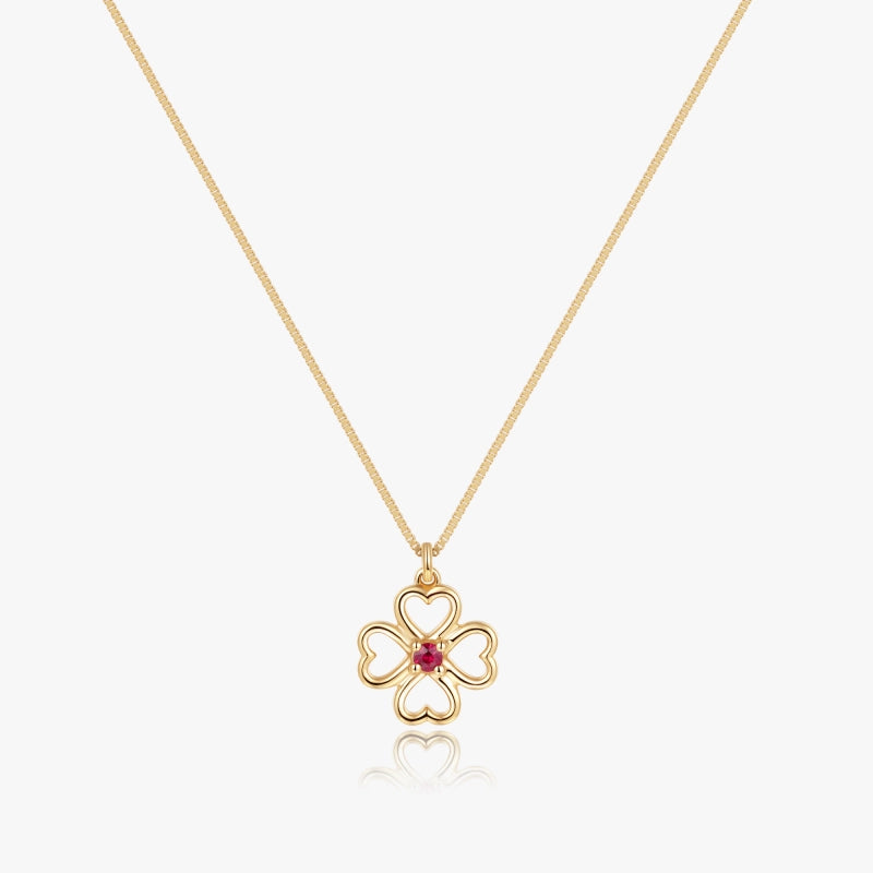 Clover 14K Solid Gold Ruby Necklace