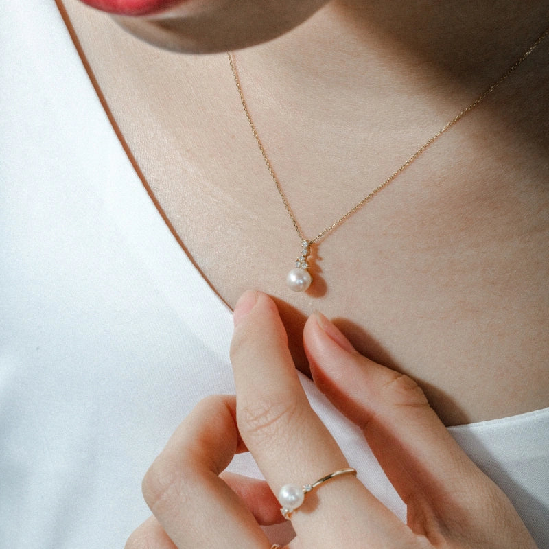 Aubrey 14K Solid Gold Pearl with Diamond Necklace