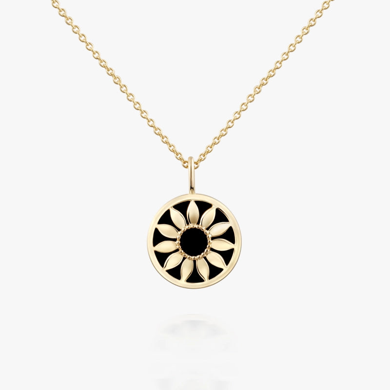 Sunflower 14K Solid Gold Onyx Signet Necklace