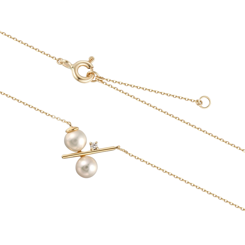 Lydia 14K Solid Gold Double Pearl Diamond Necklace