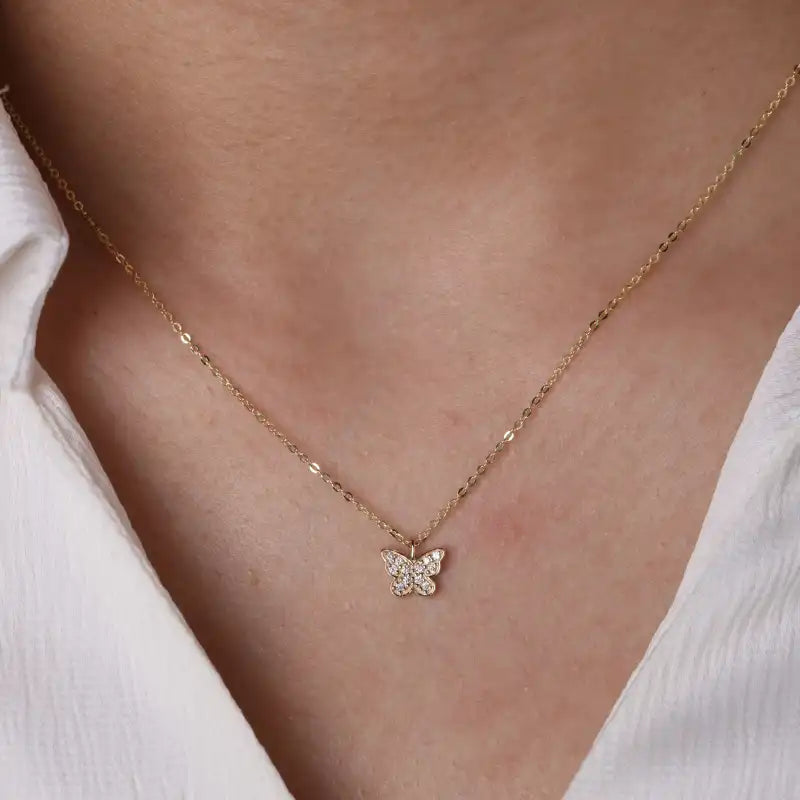 Butterfly 14K Solid Gold Diamond Necklace