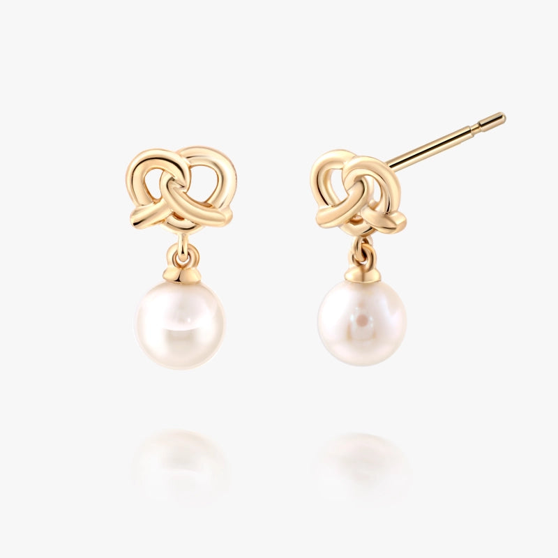 Pretzel 14K Solid Gold Pretzel with Pearl Earring